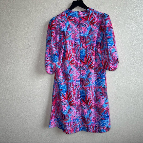 Lilly Pulitzer Arcella Dress Pink Blue Puff Sleeve Vneck Women’s Size 6 Medium - Picture 6 of 11